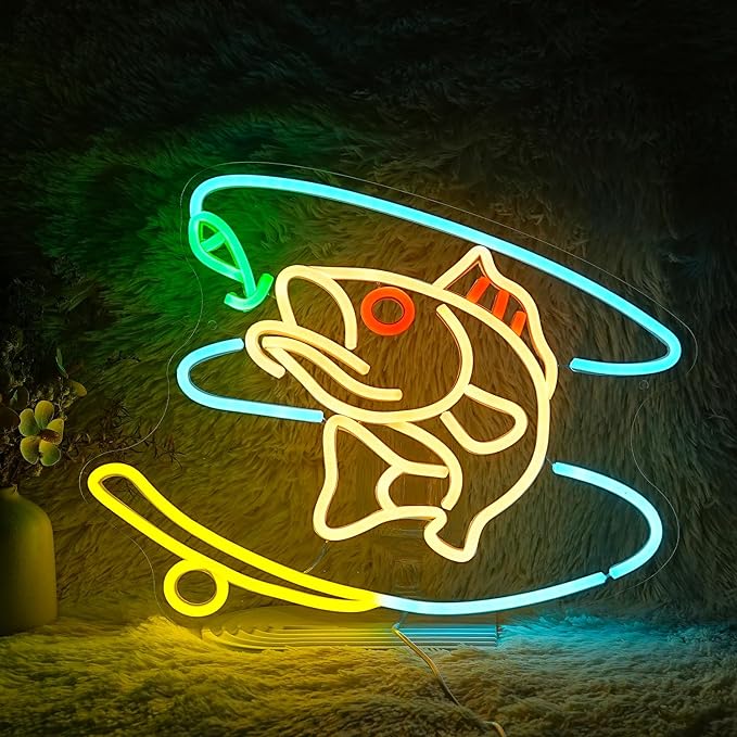 GNVETZLL Fishing Neon Sign Dimmable Fish Neon Light for Wall Decor LED USB Powered Fishing Hook Lights for Fishing Gear Store Yacht Man Cave Living Room Boys Gifts(Multicolor 15.7‘’*12.4‘’）