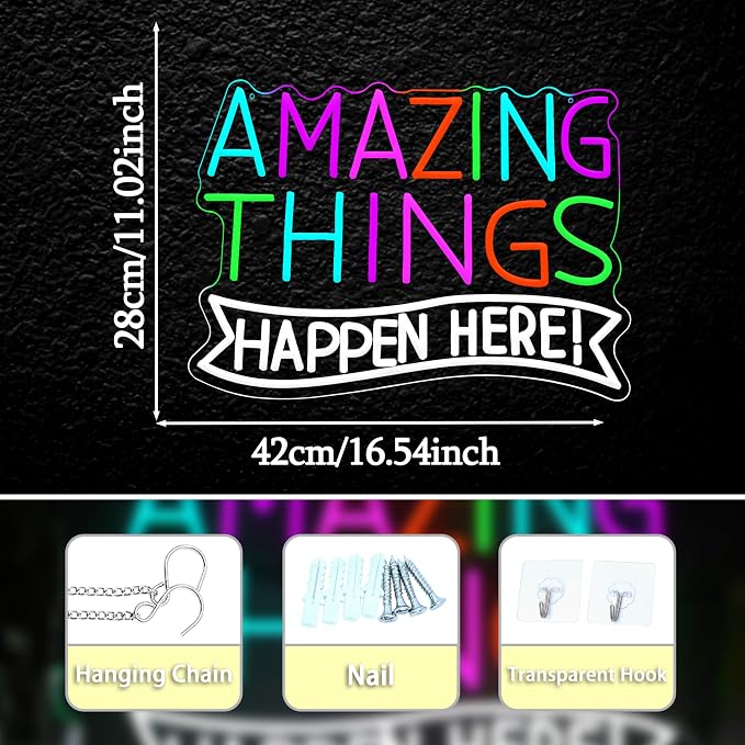 Amazing Things Happen Here Neon Sign Inspirational Rainbow Neon Light USB Powered Amazing Light LED Sign for Wall Decor Bar Club Party Home Room(16.54 * 11.02In)