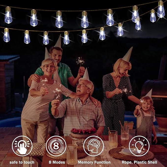 (New) Outdoor String Lights, 24FT Hemp Rope LED Patio Lights, Waterproof 8 Light Modes Plug-in Hanging Edison Bulb Lights for Backyard, Garden, Porch, Wedding, Christmas Decor