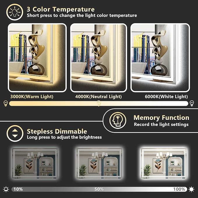 55x30 LED Bathroom Mirror, Backlit & Front Lit Lighted Mirror | Anti-Fog Vanity Mirror with Lights, 3 Color Dimmable, Memory, Shatterproof, Tempered Glass, CRI95, UL Listed, Wall Mounted