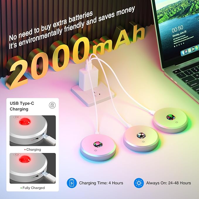RGB Puck Lights with Remote Control,Under Cabinet Lighting,Silver,3PCS | 2000mAh Battery Operated Tap Lights Rechargeable, 9 Colors & 2 Dynamic Changing, Magnetic Stick on Light for Closet