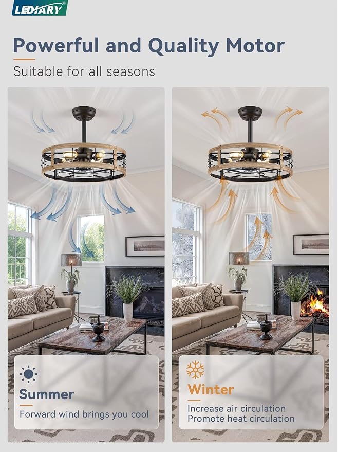 LEDIARY 20 inch Fandelier Caged Ceiling Fan with Light and Remote, Brown | 6 Speed Adjustable,Timing, Quiet & Powerful DC, Small, Farmhouse, Industrial, Enclosed, Bladeless, Bedroom, Kitchen, Downrod