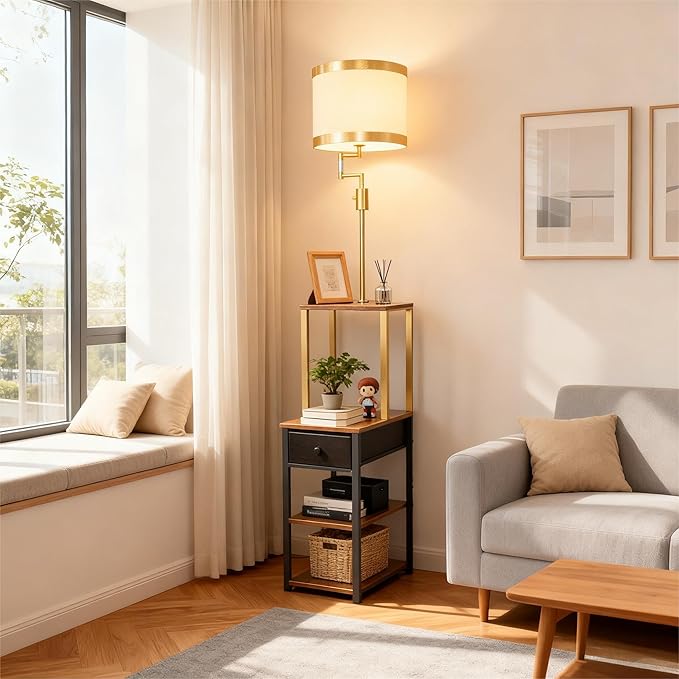 Lightdot Floor Lamp with Shelves&Drawer, Modern Standing Lamp with 350° Adjustable Lamp Head, Fabric Shade& Bulb Included, Display Corner Floor Lamp for Living Room/Sofa Beside/Corner Decor