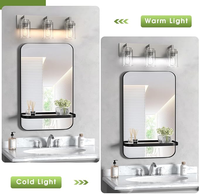 Bathroom Lighting Fixtures, 3-Light Bathroom Vanity Lights Over Mirror, Brushed Nickel Vanity Light with Glass Shade, Modern Vanity Lighting Fixtures for Bathroom, Bedroom, Hallway