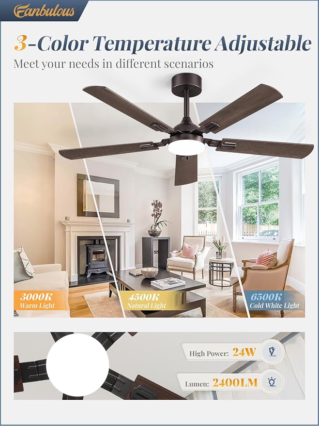 Fanbulous 52 Inch Modern Ceiling Fans with Lights | 6 Speeds,3CCT,Timer,Remote Control,Quiet Reversible DC motor,5 Double-sided Blades,Outdoor,Easy Installation,Oil Bronze