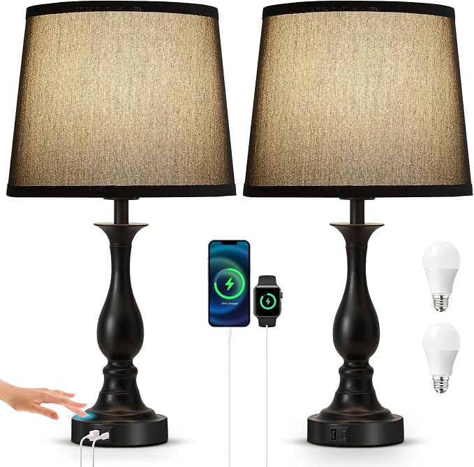 Bedside Table Lamp Touch Control Bedroom Lamps with USB A + C Charging Port 3 Way Dimmable Touch Lamps for Nightstand Living Room Bedroom Dorm Home Office Reading, Set of 2 (Black Shade & Black Base)