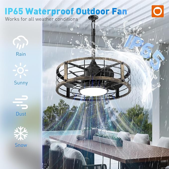 addlon 20" Outdoor Ceiling Fan with Light for Patio, IP65 Plug in Caged Fan | Waterproof, Hanging Hook, Reversible DC Motor, 6 Speeds, Remote Control, Quiet Operation, Timer, for Gazebo, Patio, Porch