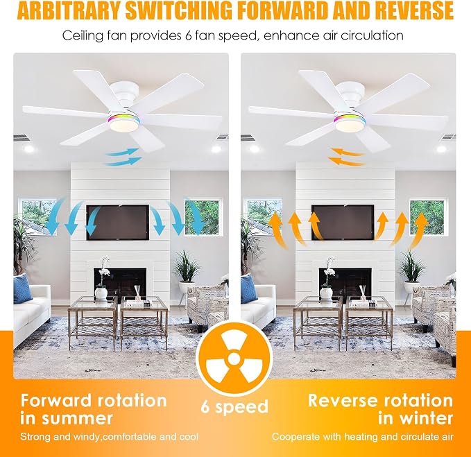 46" 6-Blade White Low Profile RGB Ceiling Fan with Light and Remote/APP | 11 RGB Modes,Reversible 6 Wind Speeds,Dimmable 3 CCT LED, 25W Quiet DC Motor,Timer,6 Double-Sided Blades,for Bedroom Party