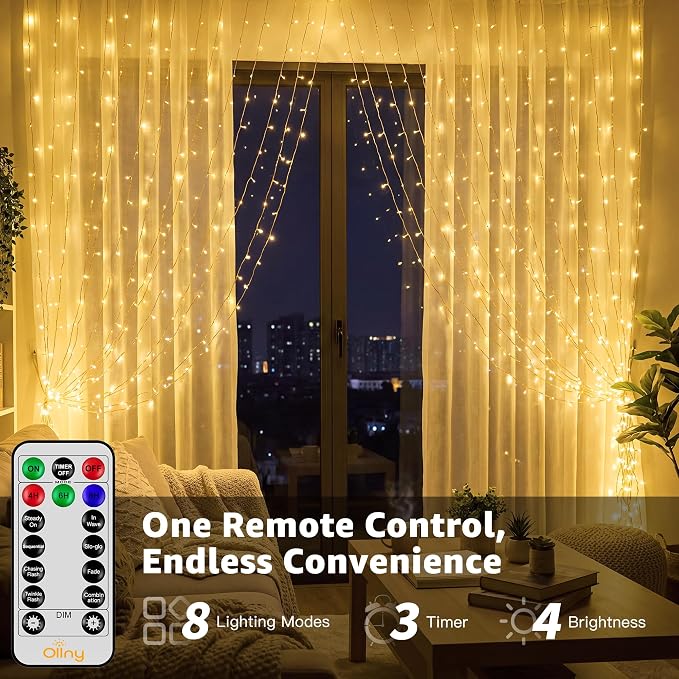 Ollny Curtain Lights 600 LED 19.7x9.8ft, Outdoor Waterproof String Lights for Backdrop, Fairy Light with Remote Timer 8 Modes, Plug in Christmas Light for Wall Wedding Patio Gazebo, Warm White