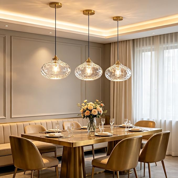 11in Gold Pendant Lights Kitchen Island with Hammered Clear Glass Shade 1PC | Handcrafted Glass Pendant Light Fixtures, UL Certified, E26 Base 100W Max, Height-Adjustable, Dimmable Hanging Pendant Light