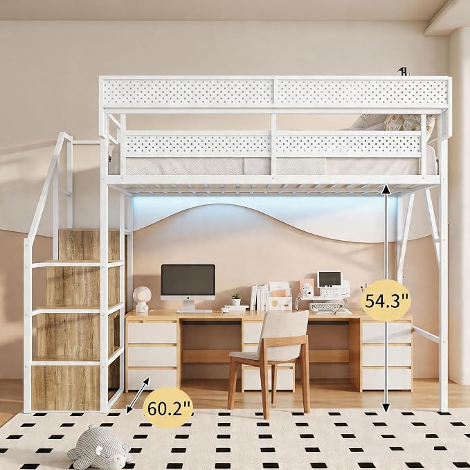 Full Size Metal Loft Bed with Storage Stairs, Wardrobe & Charging Station | Storage Shelve Convertible Staircase,LED Lights, Solid Wood Stairs, Safety Guardrail, Noise-Free, No Box Spring Needed