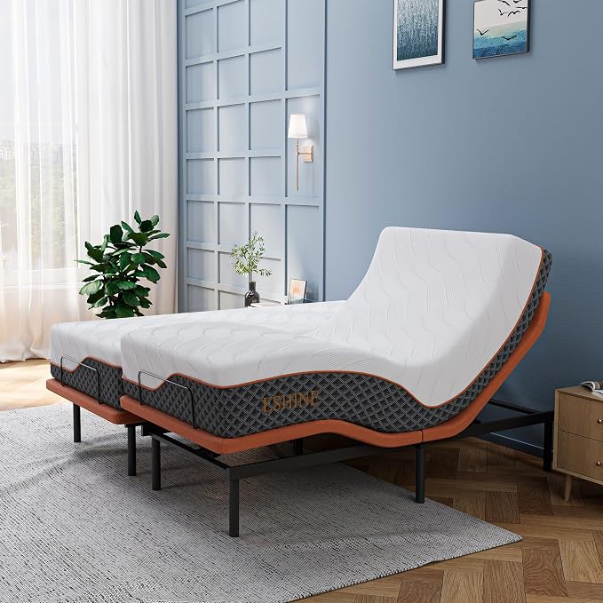 ESHINE Split King Adjustable Bed Frame 12" Hybrid Matt with Dual USB | Bed Base, Lumbar Support, Head-Pillow-Tillt, Zero Gravity, Wireless Remote, Smart App, Under Bed Light, 6000 Series