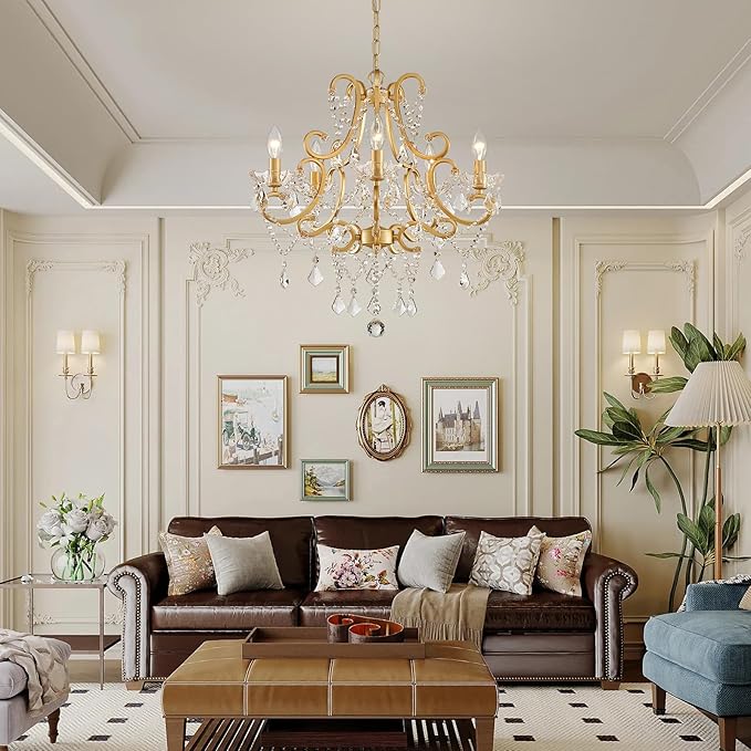 Crystal Chandelier, 5-Light Gold Chandelier for Dining Room Light Fixture, K9 Crystal Pendant Ceiling Light Fixture, Modern Candle Chandelier for Living Room Kitchen Island Entryway Bedroom