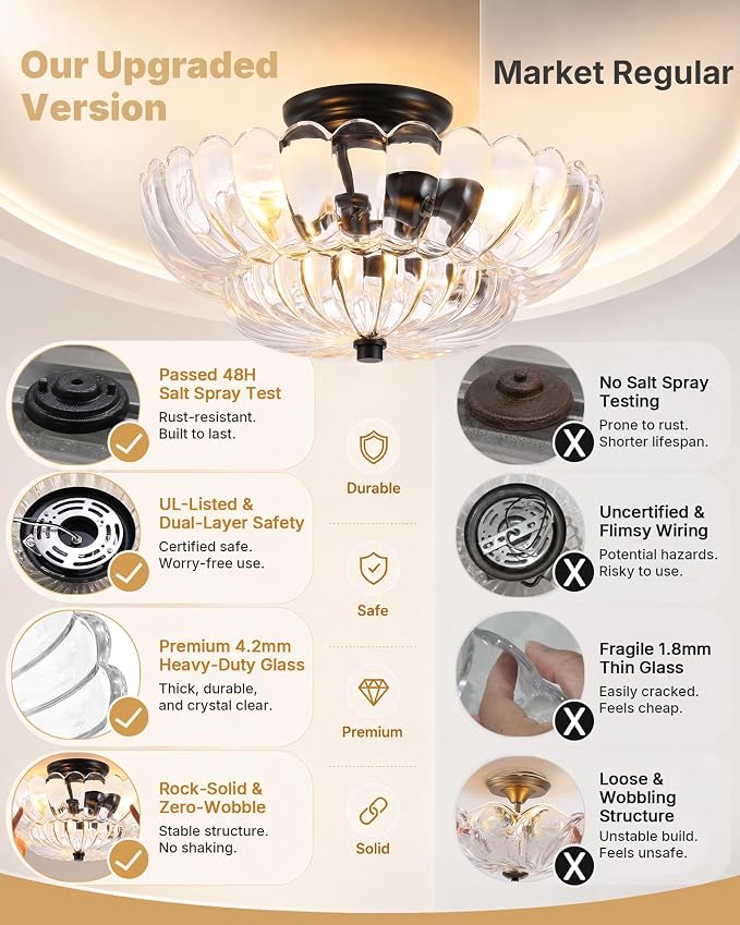 Semi Flush Mount Ceiling Light Fixture 14" Vinatge Black Ceiling Lights Mid Century Modern Clear Glass Close to Ceiling Lighting Fixtures for Bedroom Hallway Kitchen Laundry Room Bathroom