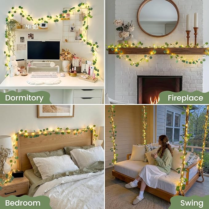 HEYFUNi 13FT Eucalyptus Garland with Lights & Remote， USB & Battery | 40 Warm White LEDs, Fake Eucalyptus Vine with Fairy Lights, Timer, 8 Modes, Dimmable For Bedroom Wall, Dorm, Wedding Decor