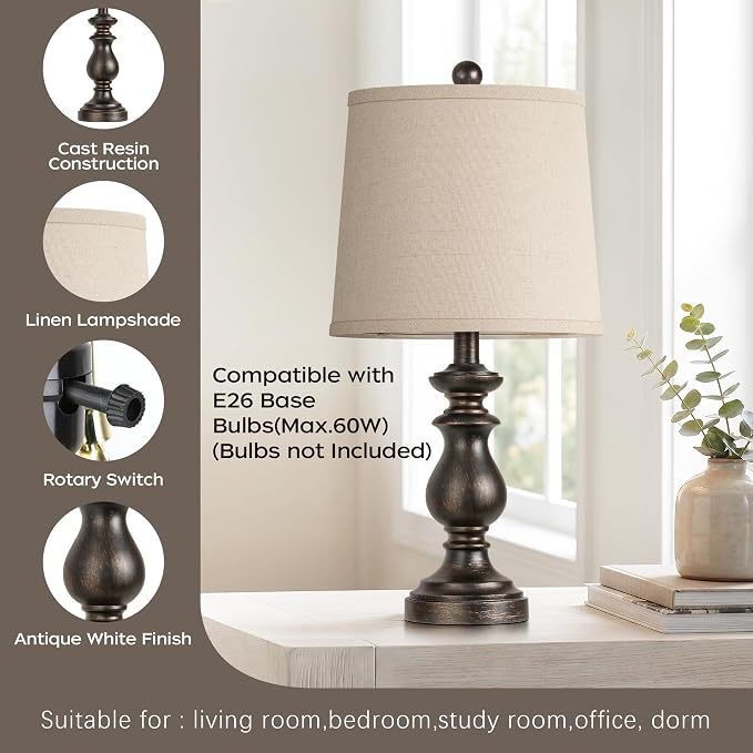 Traditional Table Lamp Set of 2, Rustic Farmhouse Table Lamps for Living Room Bedroom, 22" Bedside Desk Lamps Vintage Nightstand Lamps with Linen Shades, Oil Rubbed Bronze