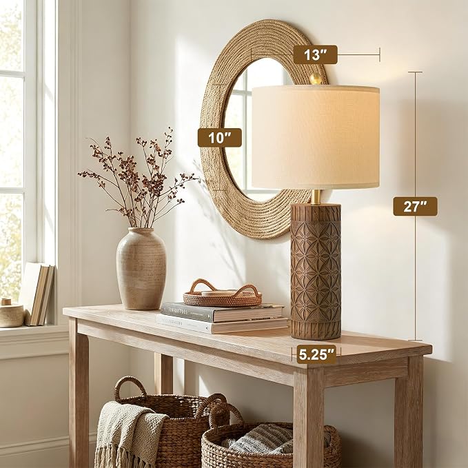 BOBOMOMO 27" Tall Table Lamps Set of 2, Modern Farmhouse Geometric Bedside Lamps, Rustic Wood Grain Resin Nightstand Lamps for Living Room, Bedroom, Entryway, Linen Shade, Cottage Home Decor