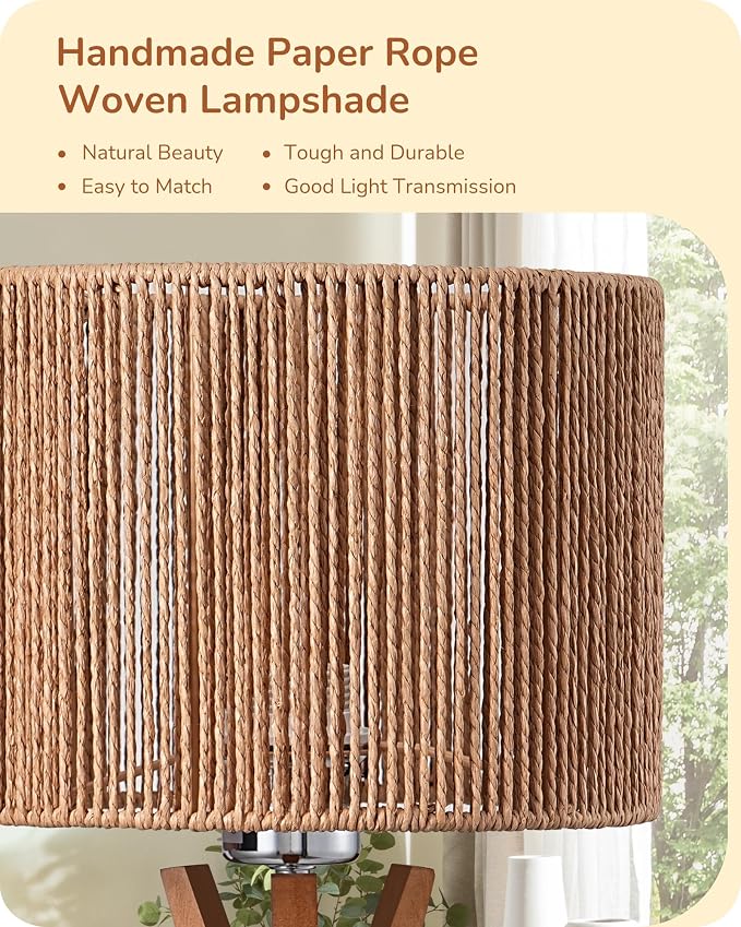 EDISHINE 17.5" Rattan Table Lamp, Handmade Paper Rope Woven Lampshade, E26 | Wood Bedside Lamp, ON-Off Switch, Triangular Wood Base, Modern Nightstand Lamp for Living Room, Bedroom, Office