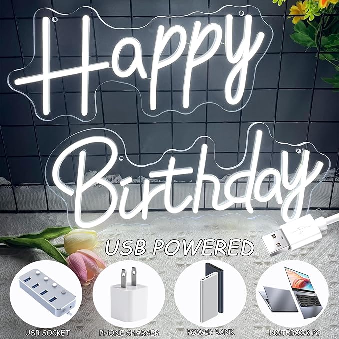 Happy Birthday Neon Sign, 14.2 X 6.6 and 16.7 X 6.5 Inch Large Happy Birthday Neon Light, Dimmable Neon Happy Birthday LED Signs, Birthday Light Up Sign Party Decoration for Home Club Bar Anniversary
