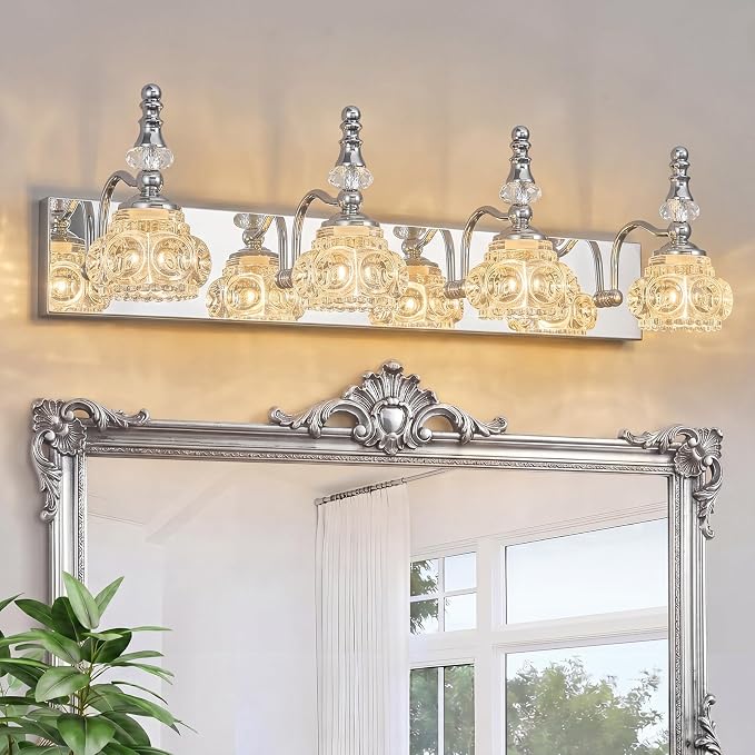 4-Light Vintage Bathroom Vanity Light Fixture Industrial Chrome with Glass Shade Vanity Light Fixtures Over Mirror Glass Bathroom Vanity Lighting Fixtures G9 Bulb Wall Lights