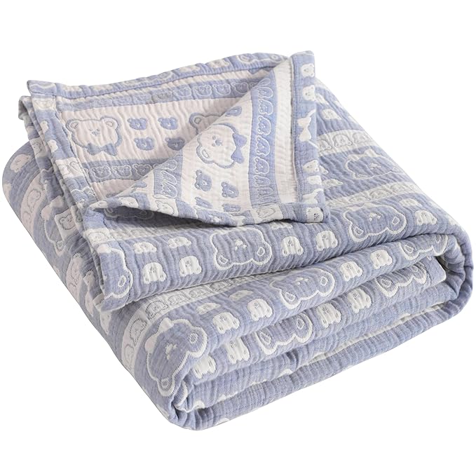 NTBAY 3 Layer Oversized Muslin Toddler Blanket, 45 x 60, Blue Bear | Muslin Cotton Outer Layers with Light Thermal Fiber Fill, Reversible Blanket for Daycare, Travel, Naps, and Supervised Use