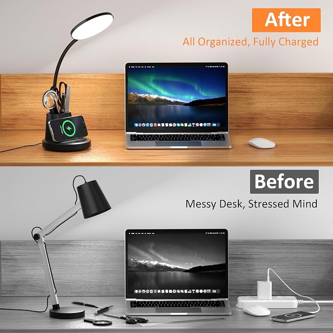 LED Desk Lamp with Wireless Charger for Home Office, Black | 3 Color Modes Dimmable Eye-Caring Study Desk Light for College Dorm Room, 360° Flexible Arm, Built-in Pen Holder, 800 Lumen