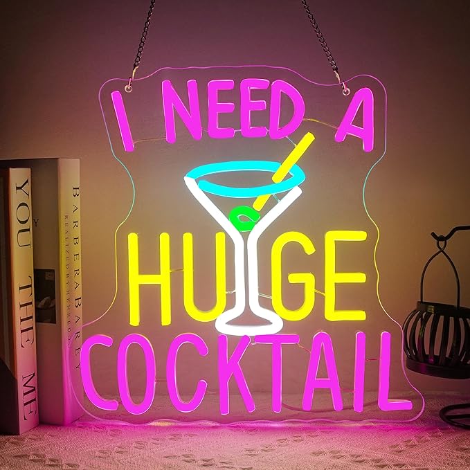 Cocktail Neon Sign I Need A Huge Cocktail Led Neon Lights, Bar Lights for Wall Decor, Colorful USB Light Up Sign Letter Neon Wall Decor for Gift Store Beer Bar Restaurant Man Cave Hotel Bedroom Window Cafe Bistro Club Party