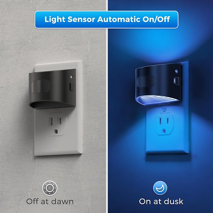 L LOHAS LED Motion Sensor Night Light, Night Lights Plug into Wall, 4 Pack | Nightlight with Dusk to Dawn & Motion Detection Sensor, 30-100Lm Adjustable Brightness, Blue Light, Black Housing