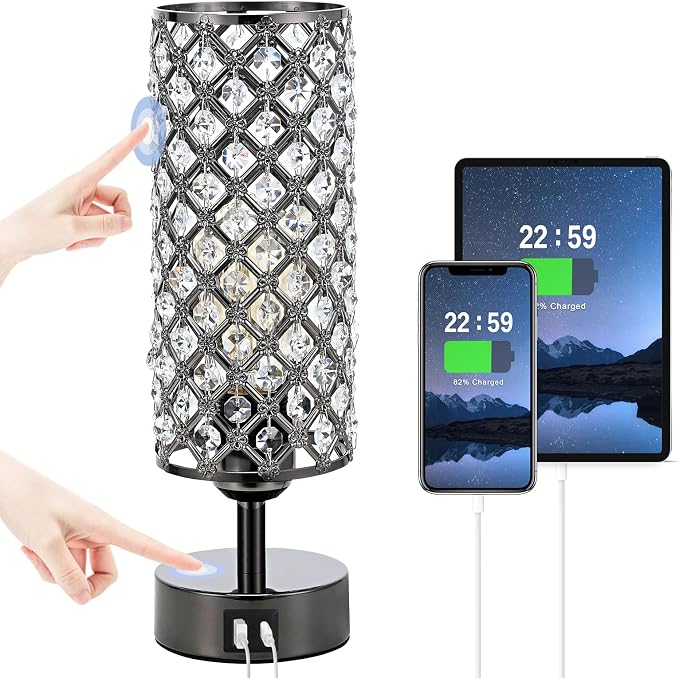 Hong-in Crystal Table Lamp,Black Lamp with USB C+A Ports, 3 Way Dimmable Light with Crystal Lampshade, Bedside Lamp Small Touch Light for Living Room Bedroom, Charge Phone (Bulb Included)