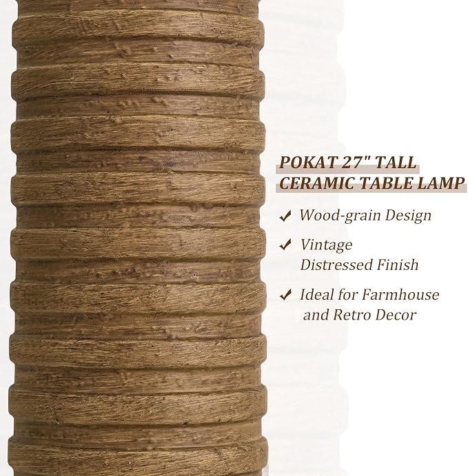 PoKat Farmhouse Table Lamps Set of 2 for Living Room, 27'' Tall Retro Ceramic Bedside Lamps with Linen Lampshade for Bedroom, Vintage Wood-Like Rustic Nightstand Lamp Office Sideboard Hallway (Brown)