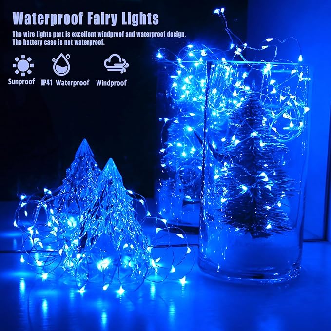 12 Pack Fairy Lights Battery Operated with Timer 6.5feet Silver Wire 20 LEDs Waterproof 8 Modes Twinkle Lights for Garden Bedroom Wedding Christmas Party Mason Jar Decor Celebration Lighting (Blue)