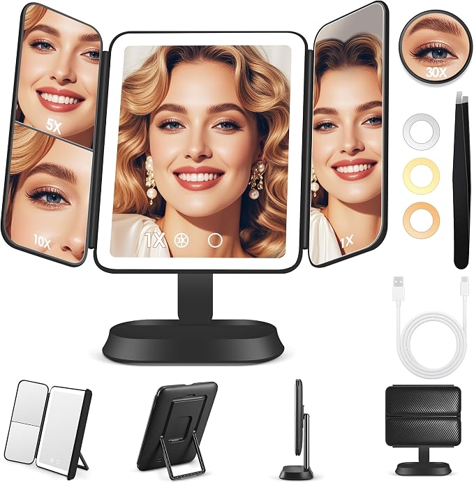Makeup Mirror with Lights and 30X/10X/5X Magnification, Vanity Mirror with 3 Color Lights, Rechargeable, Detachable, Lighted Makeup Mirror with Magnification, Trifold Mirror, Gifts for Women
