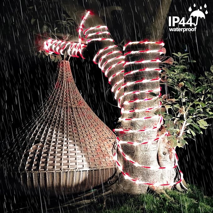 YEGUO Solar Candy Cane Rope Lights Outdoor Waterproof, 2 Packs Each 33ft 100 LED String Light, 8 Modes Fairy Lights in Red & White Thin Tube Lights for Camping Fence Patio Garden Trampoline Deck