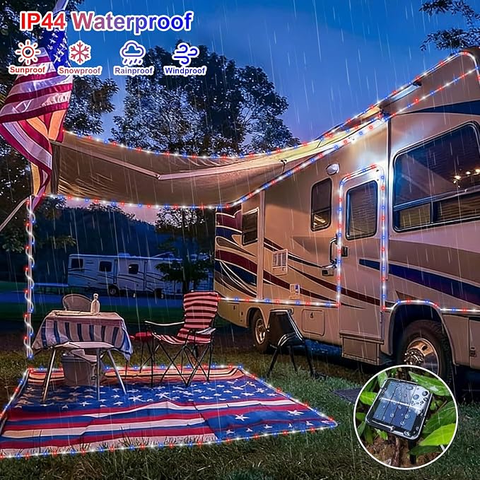 QITONG Red White Blue Solar Rope Lights, 66ft 200 LED 4th of July String Lights, 8 Modes Fairy Lights in Clear Thin Tube for Patriotic Independence Memorial Day Decor