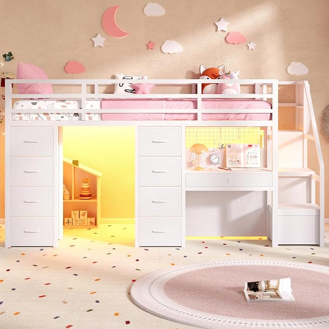 Twin Loft Bed with Desk, 12 Drawers, RGB Lights & Wide Step Stairs, White | Built-in Power Outlet, Clothes Rack, Pockets, Display Grid, Under Bed Play Fort, 11.8''H Safety Guardrail & Ladder