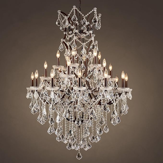 24 Lights Large Crystal Chandeliers Maria Theresa Chandelier for High Ceilings Vintage Chandelier Light Fixture Foyer Hallway Entryway Staircase 55.1" H x 39.4" D