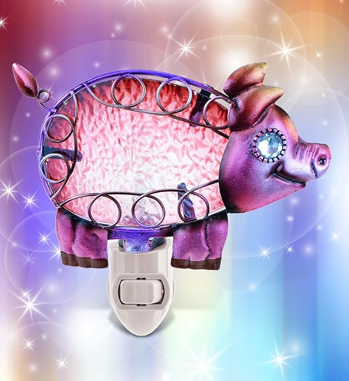 Puzzled Glass Pig Night Light - Decorative Glass Art Animal Night Light for Kids with On and Off Switch, Cute Lamp for Nursery Room, Perfect Plug in Boys and Girls Night Decorations for Bedroom Light