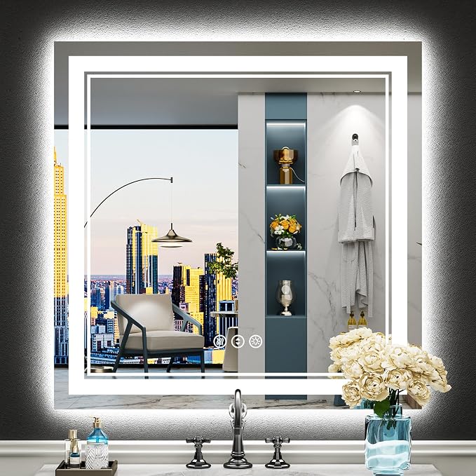 32x32 LED Bathroom Mirror, Backlit & Front Lit Lighted Mirror | Anti-Fog Vanity Mirror with Lights, 3 Color Dimmable, Memory, HD Tempered Glass, CRI95, IP54, UL Listed, Horizontal/Vertical