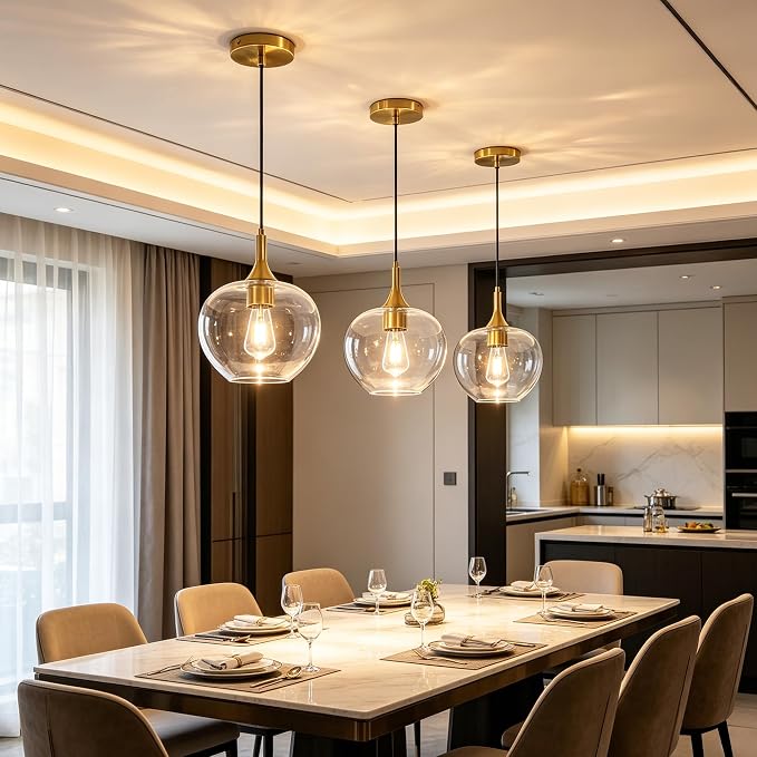 9.45in Gold Pendant Lights Kitchen Island with Clear Glass Shade 1Pack | Handcrafted Glass Pendant Light Fixtures, UL Certified, E26 Base 100W Max, Height-Adjustable, Dimmable Hanging Pendant Light