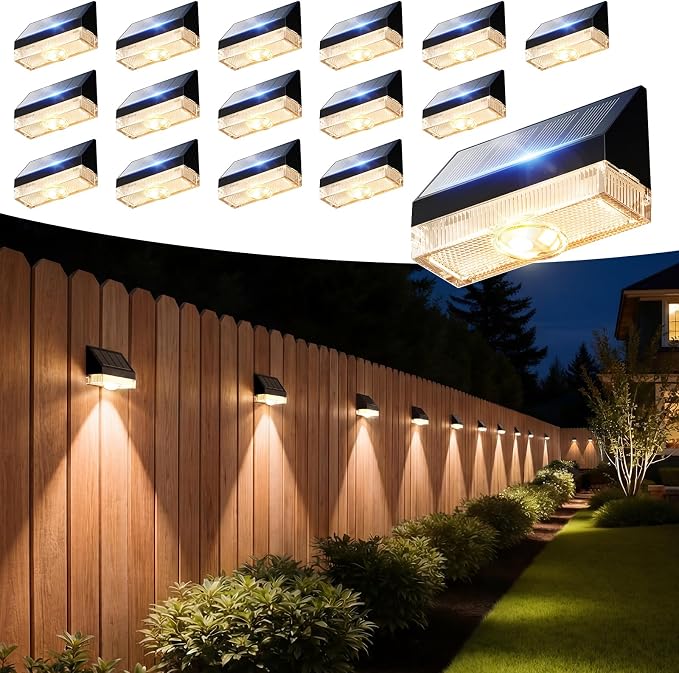 VOLISUN Fence Lights Solar Powered 16 Pack, Dusk to Dawn Solar Fence Lights Outdoor Waterproof with Warm White LED Spot Lens, Solar Light for Fence, Yard, Wall, Backyard, Railing, Deck, and Patio