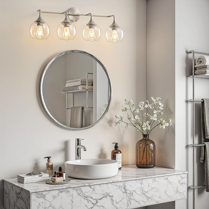 Bathroom Vanity Light 4-Light Brushed Nickel Vanity Lights 31" | Farmhouse Vanity Lighting Fixtures Over Mirror, Thickened Clear Glass Shade, UL E26 Dimmable Vanity Light Fixtures