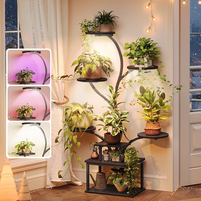 51 Inch Plant Stand with Grow Lights, 8 Tiered Indoor Plant Shelf | Corner Plant Rack with Larger Flower Holder, Curved-tubed Design, 3 Light Modes, for Living Room, Black