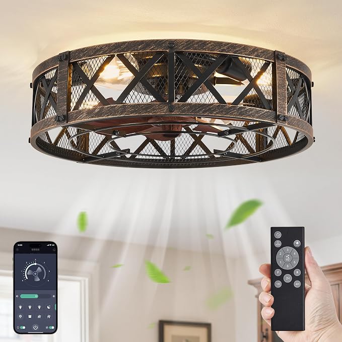 LEDIARY 20" Caged Farmhouse Ceiling Fan with Light, Flush Mount, Black Gold | Remote&APP Control, Small Low Profile, Rustic Fandaliers, Industrial Bladeless Enclosed, Powerful Motor for Bedroom, Kitchen