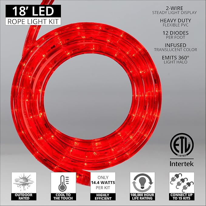 Wintergreen Lighting 18' LED Red Rope Light, Flexible Rope String Light Outdoor – Bedroom LED Light Rope, 120V, ½ Inch, 2-Wire – Rope Light Clips and Power Cord Included