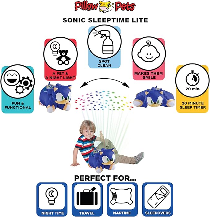 Pillow Pets Sonic Sleeptime Lite - 11" Sonic The Hedgehog Plush Nightlight,Blue