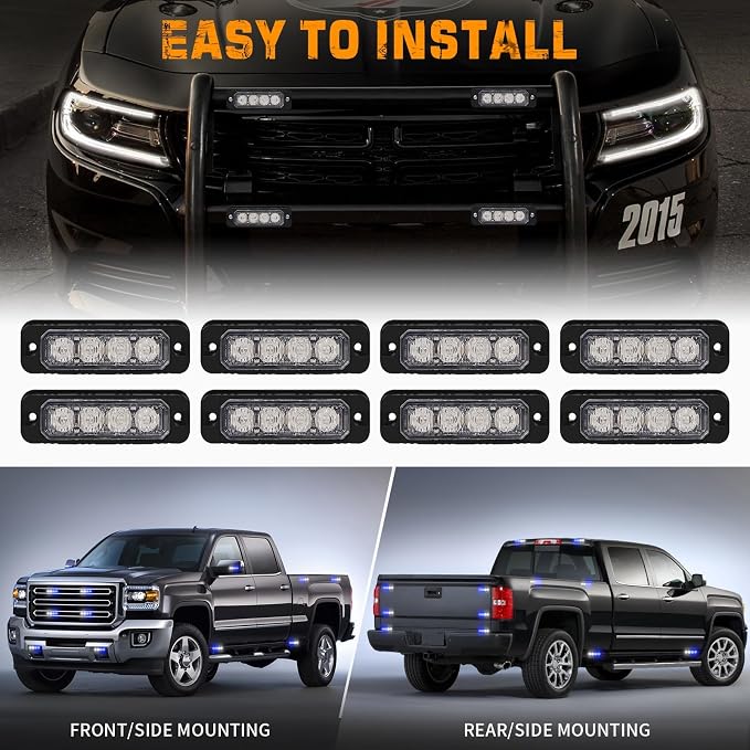 8PCS Sync Blue White Emergency Lights 32 LED Grill Strobe Lights | Front/Rear Grille Surface Mount Flashing Warning Safety Hazard Light for Vehicles Trucks, ATV, UTV, Motorcycle