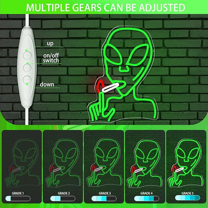 Alien Neon Sign for Wall Decor, Dimmable LED Green Alien Neon Lights Sign for Bedroom Game Room Man Cave Home Bar Party Decor Gifts