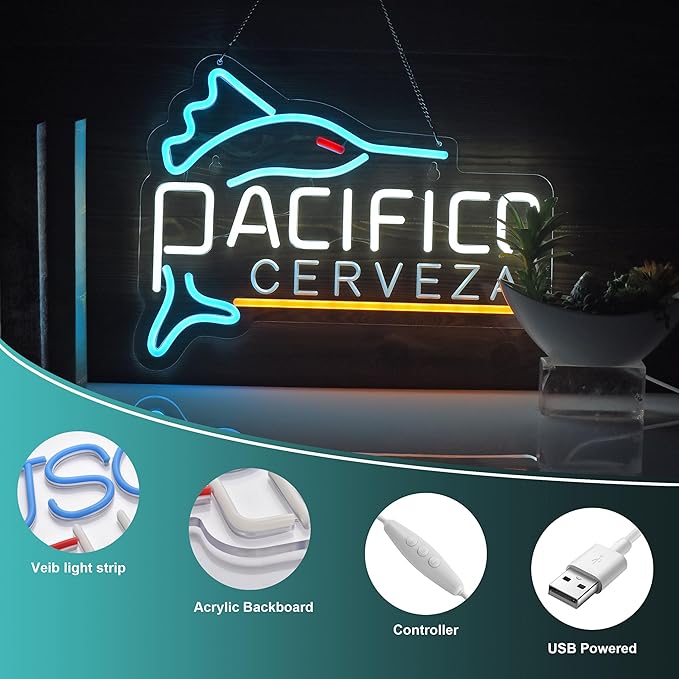 Pacific Neon Sign Beer Bar Cerveza Swordfish Art Man Cave Neon Light with Dimmable Switch LED Neon Signs for Bedroom Home Room Wall Artwork Decor