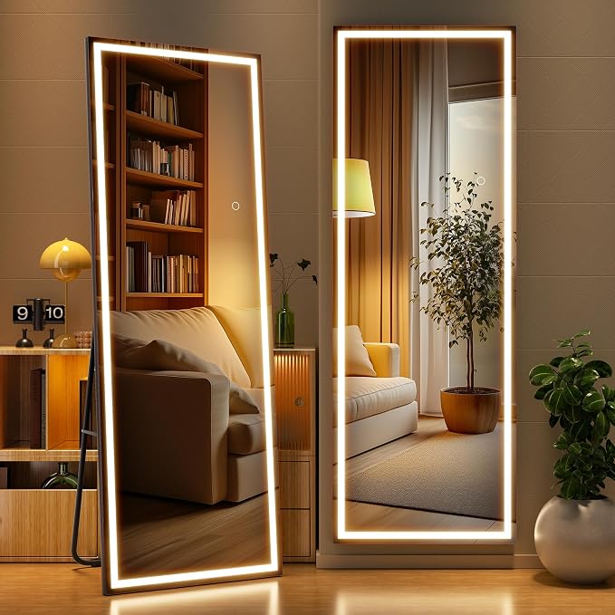 Full Length Mirror with Lights, 56" x 18" LED Lighted Floor Standing Body Mirror, Dimmable & 3 Color Lighting for Bedroom, Cloakroom, Dressing Room, Tempered Glass, Square Black