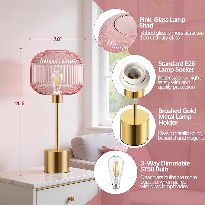 QiMH Glass Table Lamp for Living Room, Modern Bedside Lamp with Pink Ribbed Glass Shade, 3-Way Dimmable Touch Control Nightstand Lamp for Bedroom, Brushed Gold (2700K LED Bulb Included)